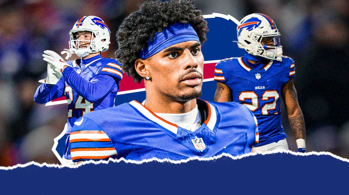 Keon Coleman in the center, Ray Davis (Bills running back) and cole Bishop (bills safety) on the sides. Bills logo in background. Bills breakout, NFL breakout