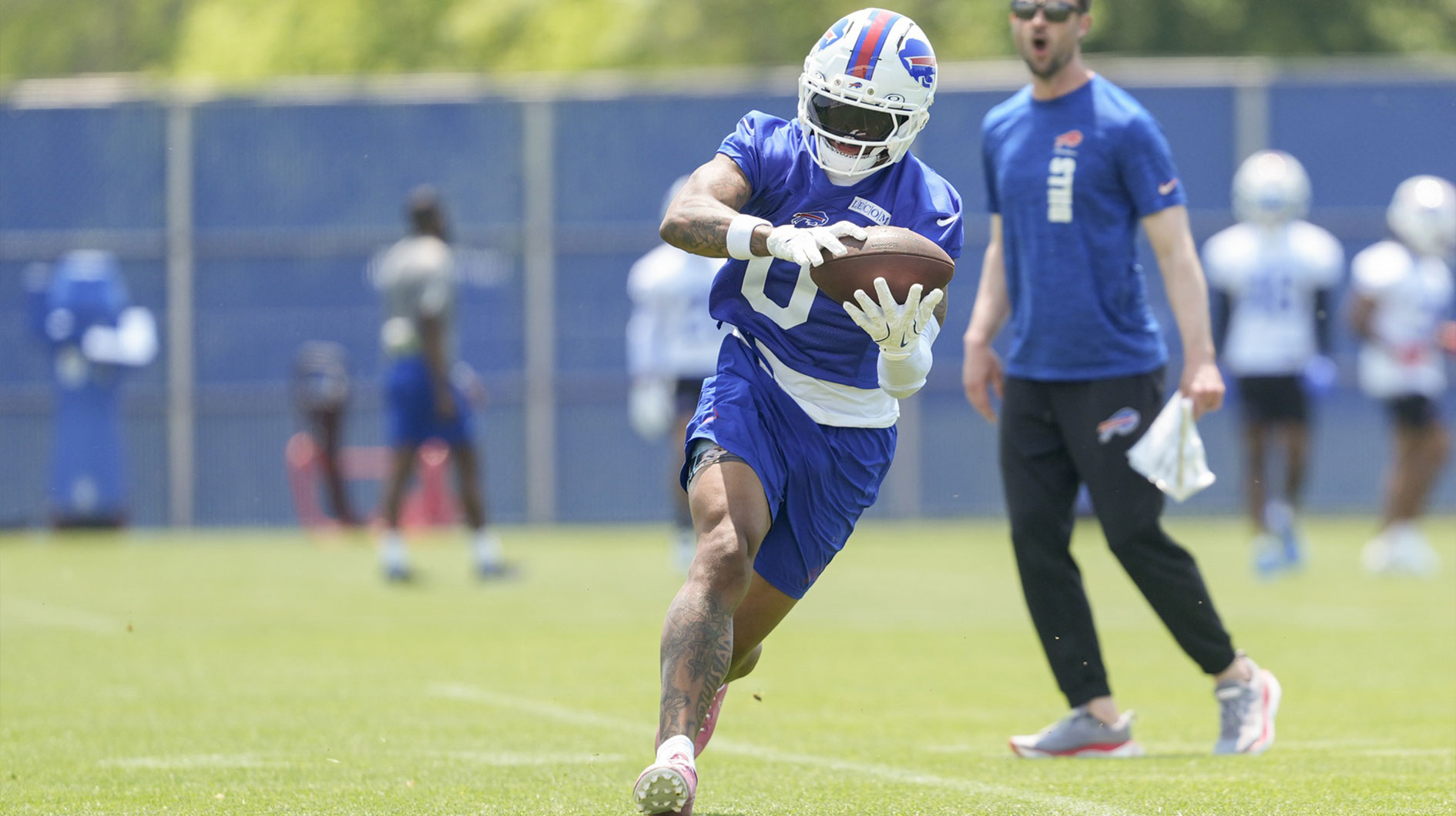 Buffalo Bills wide receiver Keon Coleman (0) makes a catch during Minicamp at Highmark Stadium.