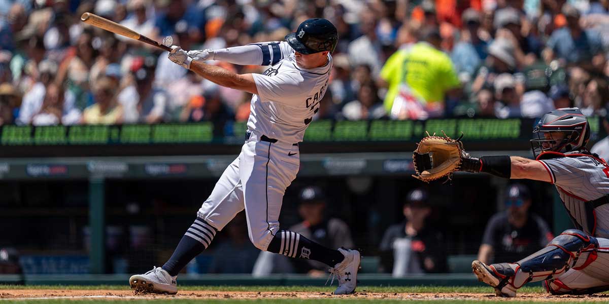 Detroit Tigers Kerry Carpenter takes a swing against the Twins at Comerica Park in Detroit on Saturday, June 28, 2025.