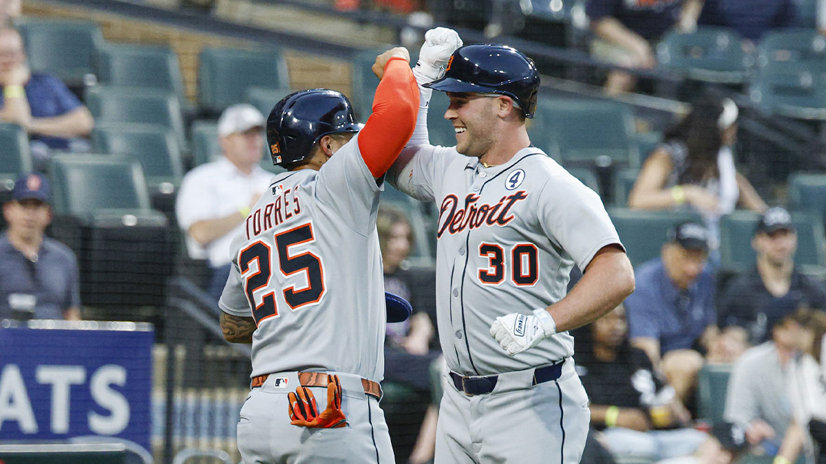 Detroit Tigers designated hitter Kerry Carpenter (30) celebrates with second baseman Gleyber Torres (25) after hitting a two-run home run against the Chicago White Sox during the fourth inning at Rate Field.