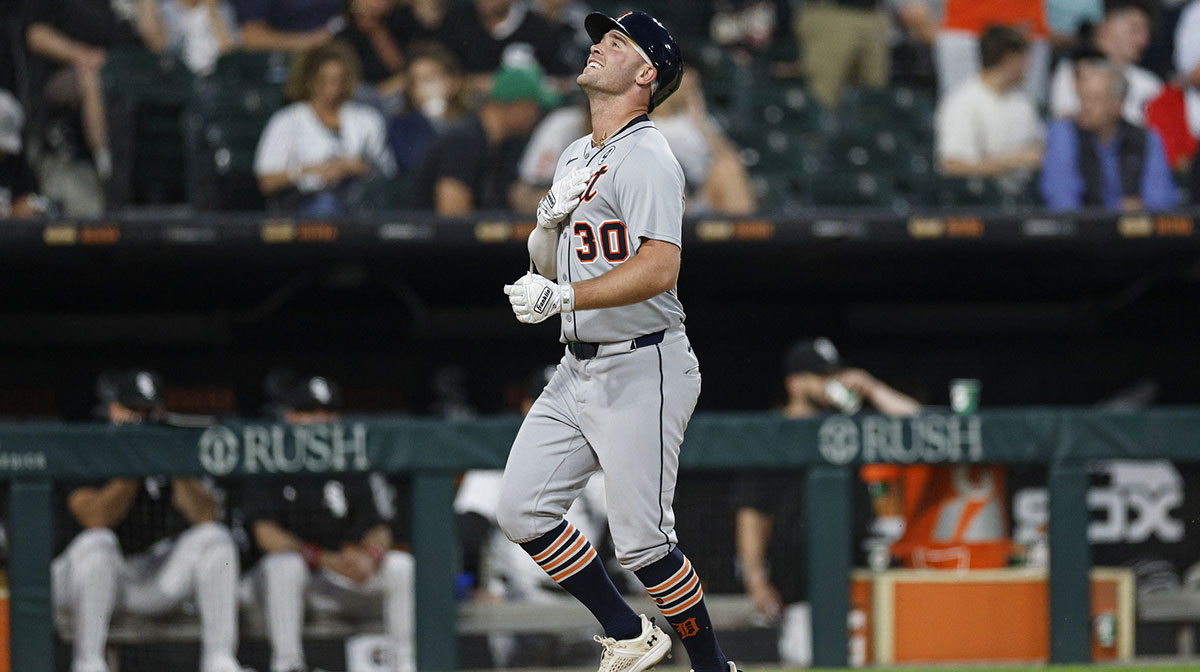 Detroit Tigers designated hitter Kerry Carpenter (30) rounds the bases after hitting a solo home run against the Chicago White Sox during the sixth inning at Rate Field.