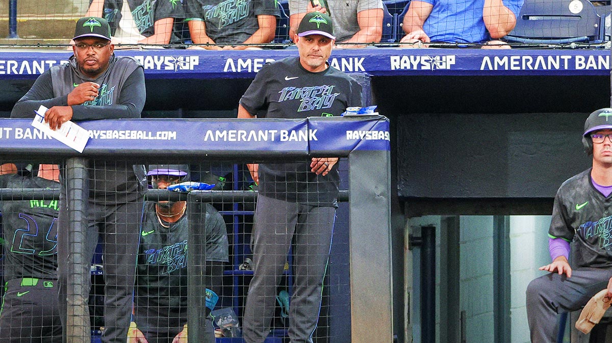 Tampa Bay Rays manager Kevin Cash (center) looks on during the first inning against the Detroit Tigers at George M. Steinbrenner Field.
