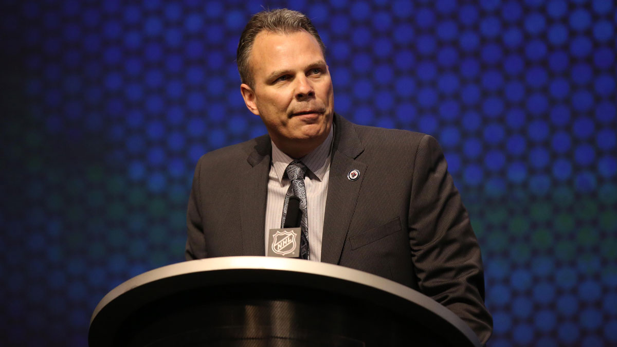 Winnipeg Jets general manager Kevin Cheveldayoff announces Nikolaj Ehlers (not pictured) as the number nine overall pick to the Winnipeg Jets in the first round of the 2014 NHL Draft at Wells Fargo Center.