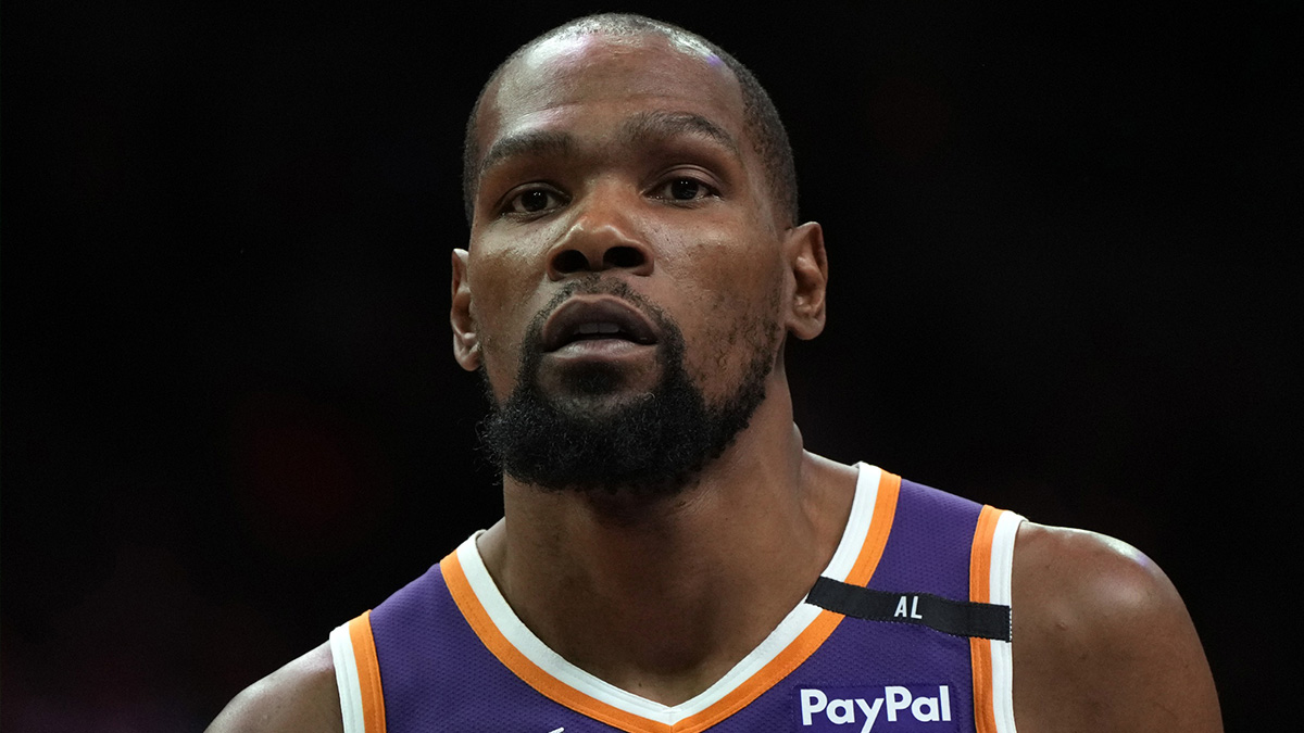 Phoenix Suns forward Kevin Durant (35) looks on against the Boston Celtics during the second half at Footprint Center.