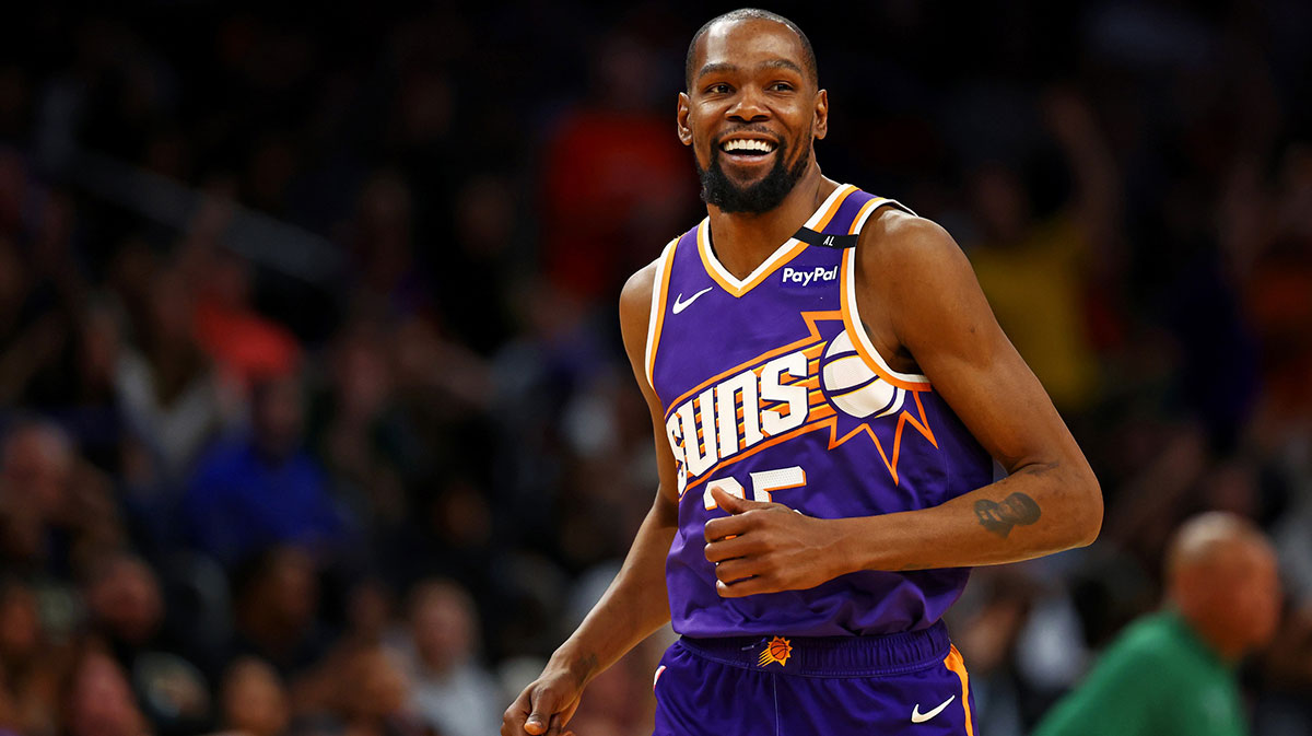 Phoenix Suns forward Kevin Durant (35) celebrates after a play during the fourth quarter against the Milwaukee Bucks at Footprint Center.