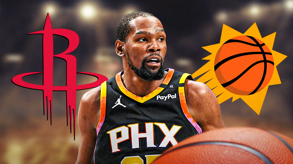 Kevin Durant in the middle with Rockets logo on one side, Suns on the other