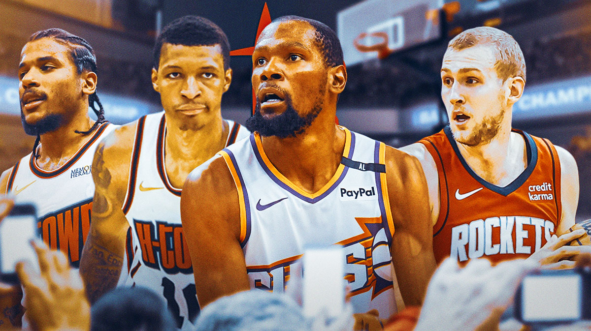 Kevin Durant in the middle, Jalen Green, Jabari Smith Jr, Jock Landale around him, Houston Rockets logo in the background