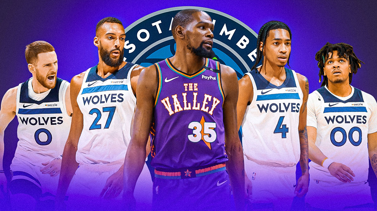 Kevin Durant in the middle, Rudy Gobert, Donte DiVincenzo, Rob Dillingham around him, Minnesota Timberwolves logo in the background