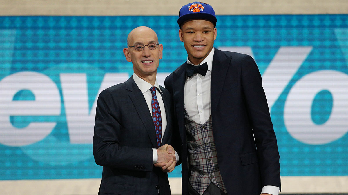 Kevin Knox (Kentucky) greets NBA commissioner Adam Silver after being selected as the number nine overall pick to the New York Knicks in the first round of the 2018 NBA Draft at the Barclays Center.