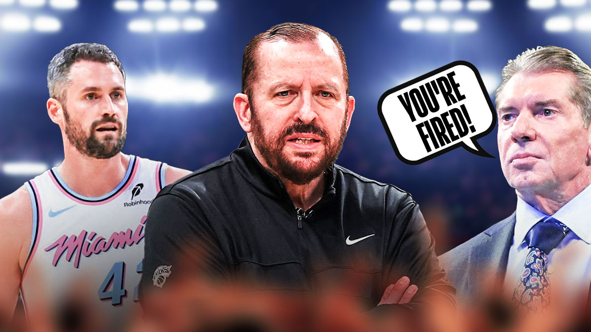 Vince McMahon with a text bubble reading "You're fired!" next to Tom Thibodeau and Kevin Love