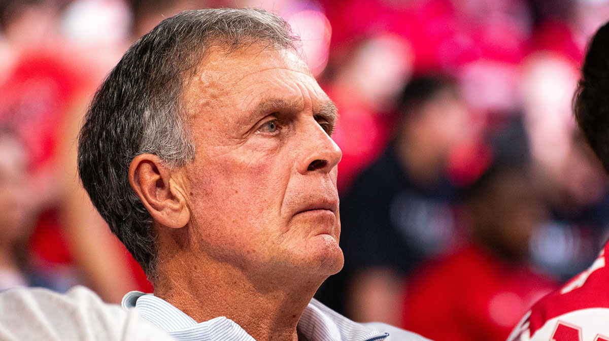 Former NBA forward Kevin McHale sits court side during the second half between the Nebraska Cornhuskers and the Rutgers Scarlet Knights at Pinnacle Bank Arena.
