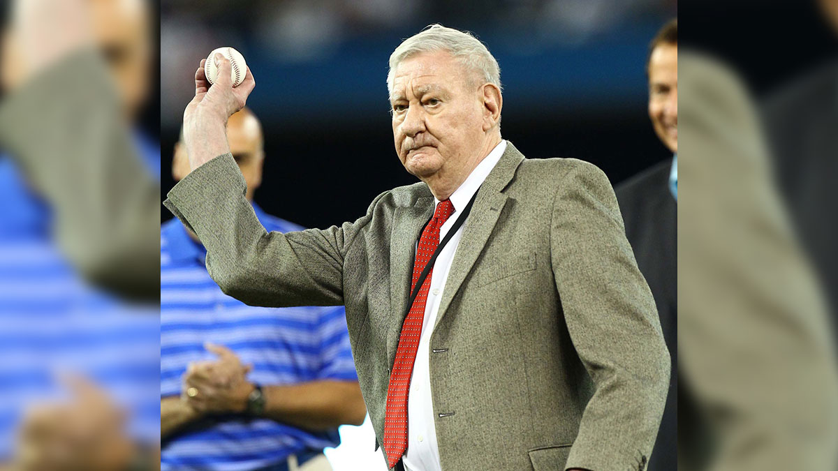 Apr 9, 2012; Toronto, ON, Canada; Former pitcher Ron Taylor throws out the ceremonial first pitch before the Boston Red Sox game against the Toronto Blue Jays at the Rogers Centre. The Red Sox beat the Blue Jays 4-2. Mandatory Credit: Tom Szczerbowski-Imagn Images