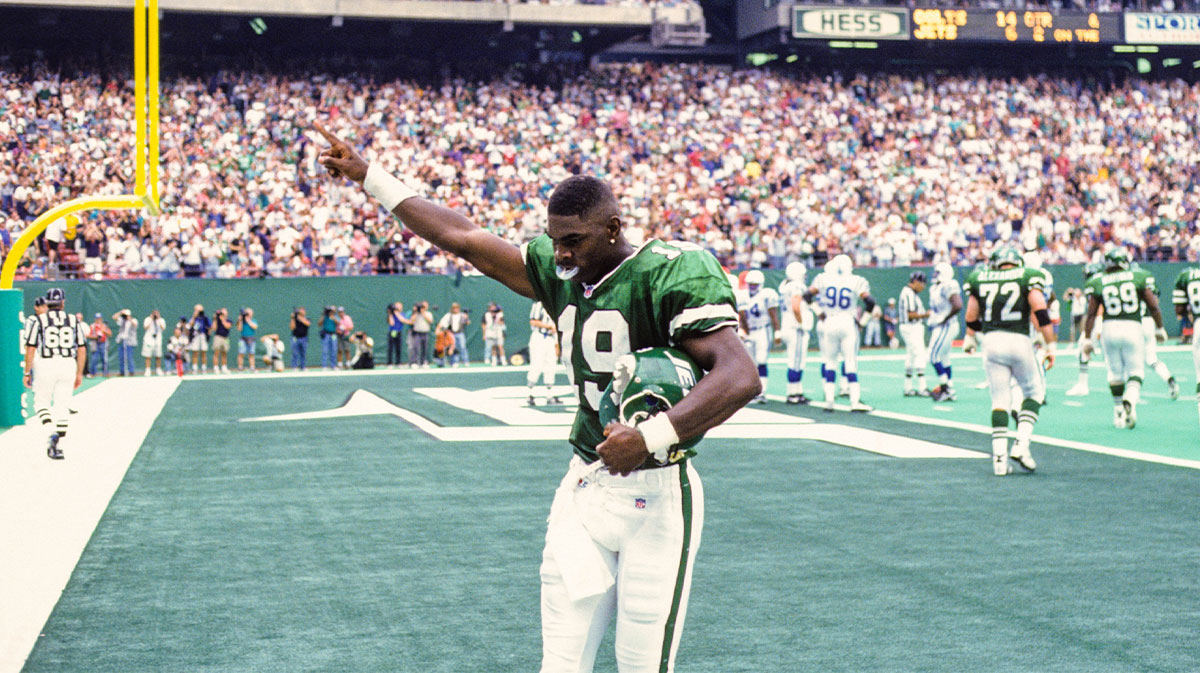 Sep 8, 1996; East Rutherford, NJ, USA; FILE PHOTO; New York Jets receiver Keyshawn Johnson (19) signals from the endzone during a game against the Indianapolis Colts at Giants Stadium.