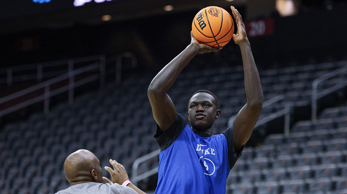 Duke Blue Devils center Khaman Maluach (9) during a practice session in preparation for an East Regional semifinal game against the Arizona Wildcats at Prudential Center.