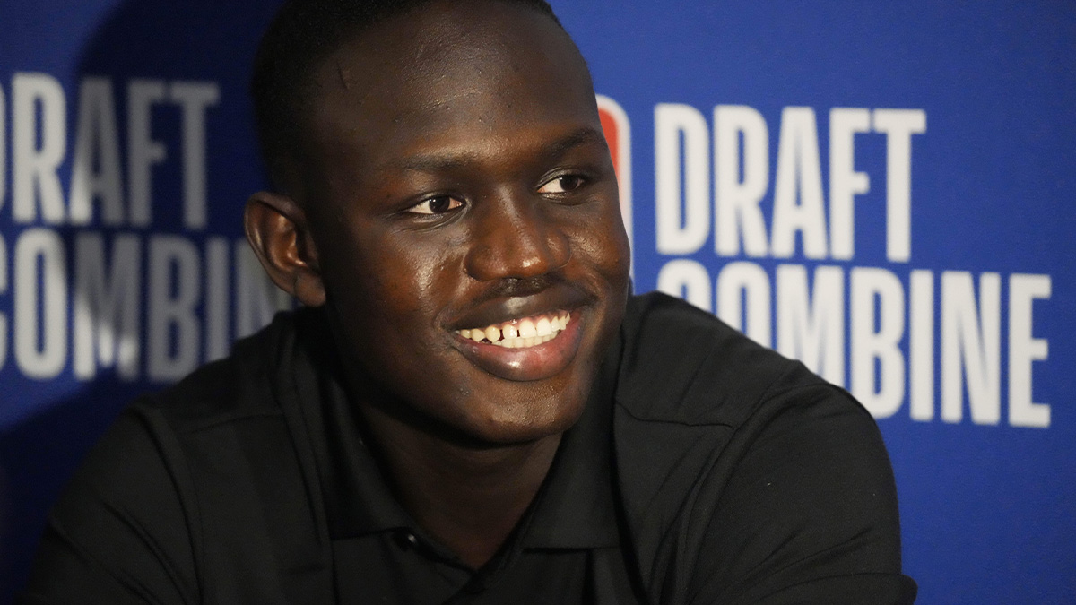 Khaman Maluach talks to the media during the 2025 NBA Draft Combine at Marriott Marquis Chicago.