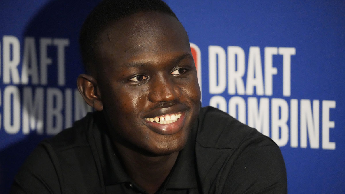 Khaman Maluach talks to the media during the 2025 NBA Draft Combine at Marriott Marquis Chicago.