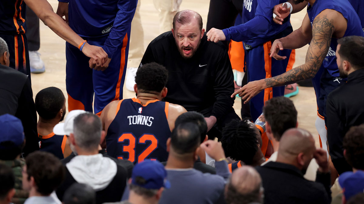 New York Knicks head coach Tom Thibodeau speaks to his team on the bench during a time out during the fourth quarter of game two of the first round of the 2024 NBA Playoffs against the Detroit Pistons at Madison Square Garden.