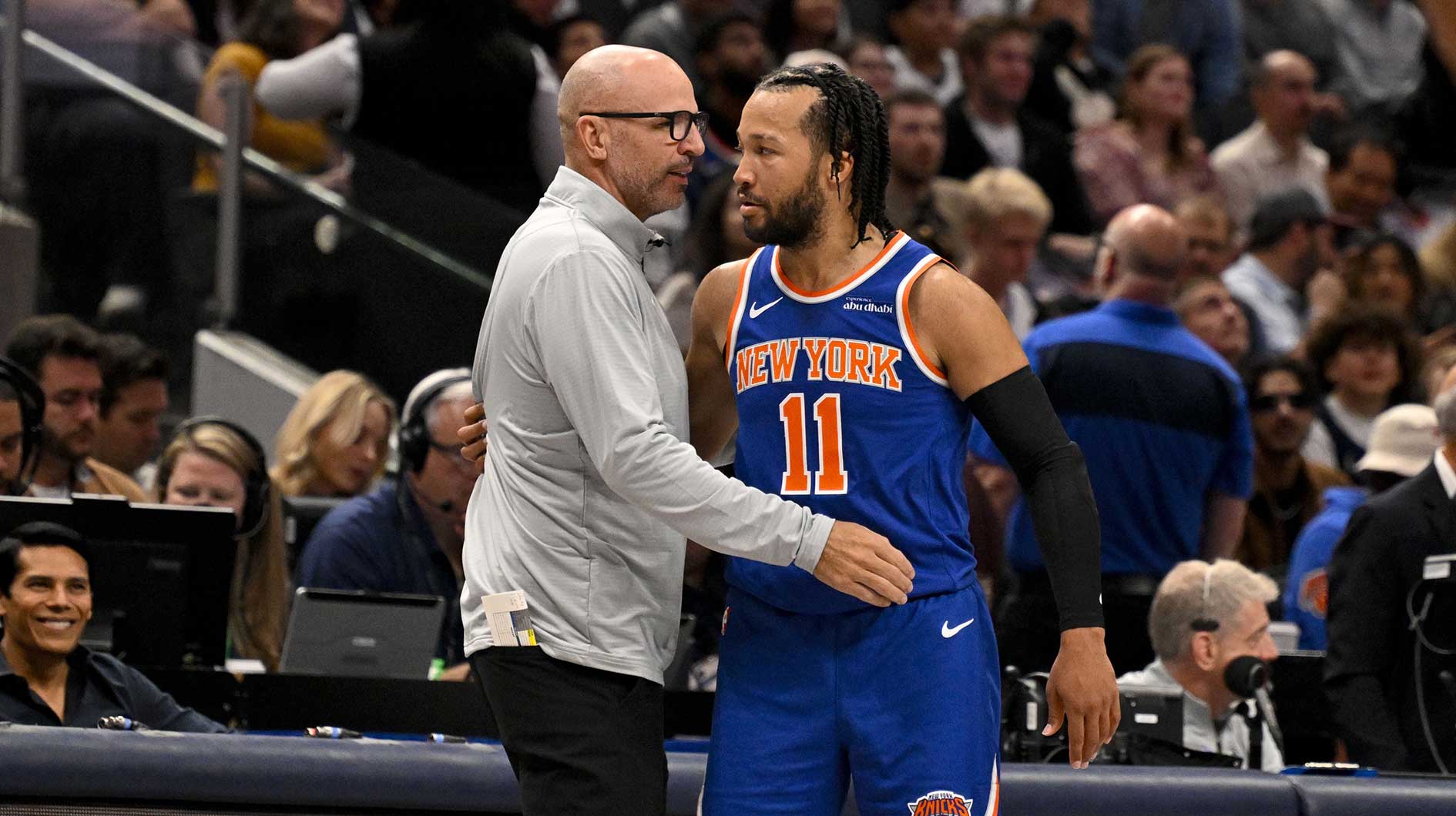 Nov 27, 2024; Dallas, Texas, USA; Dallas Mavericks head coach Jason Kidd and New York Knicks guard Jalen Brunson (11) during the game between the Dallas Mavericks and the New York Knicks at the American Airlines Center. Mandatory Credit: Jerome Miron-Imagn Images