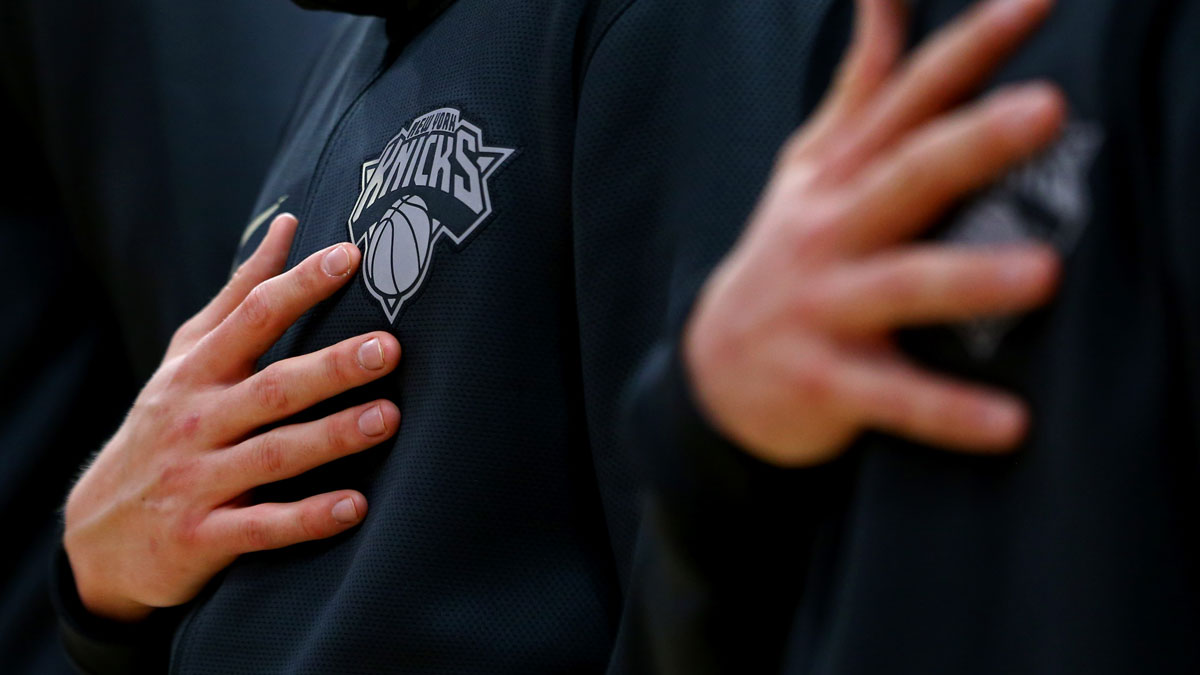 A view of the Knicks logo on a players jacket during the national anthem prior to the game against the Detroit Pistons at Little Caesars Arena.