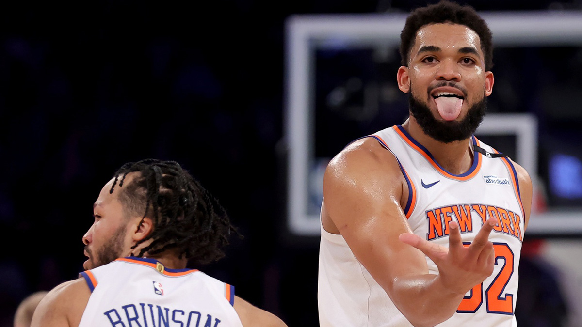 New York Knicks center Karl-Anthony Towns (32) celebrates his three point shot against the Boston Celtics during the first quarter of game six in the second round of the 2025 NBA Playoffs at Madison Square Garden.