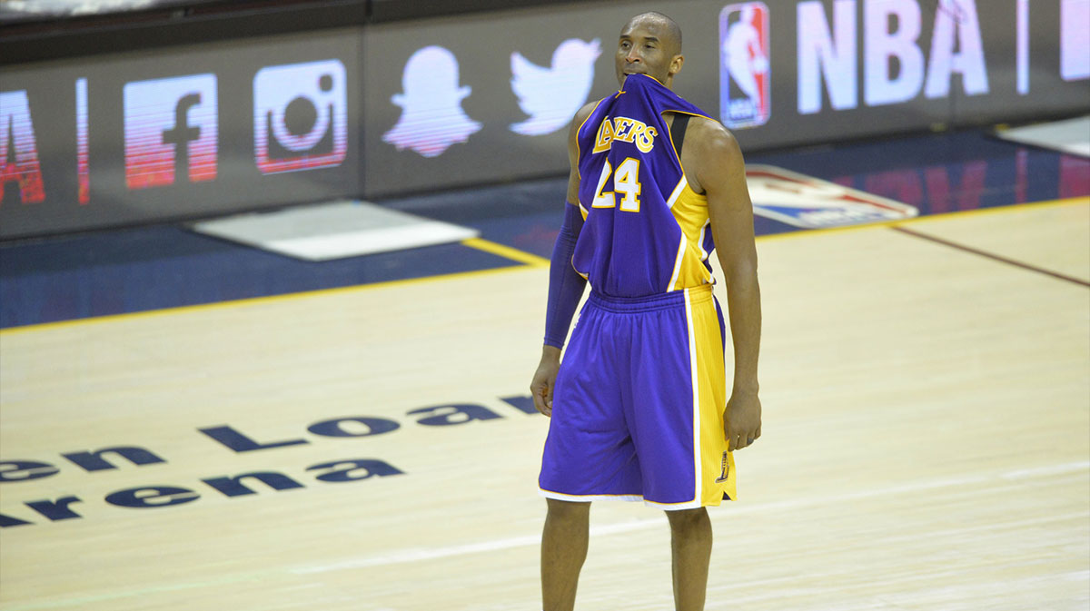 Los Angeles Lakers forward Kobe Bryant (24) reacts in the fourth quarter against the Cleveland Cavaliers at Quicken Loans Arena.