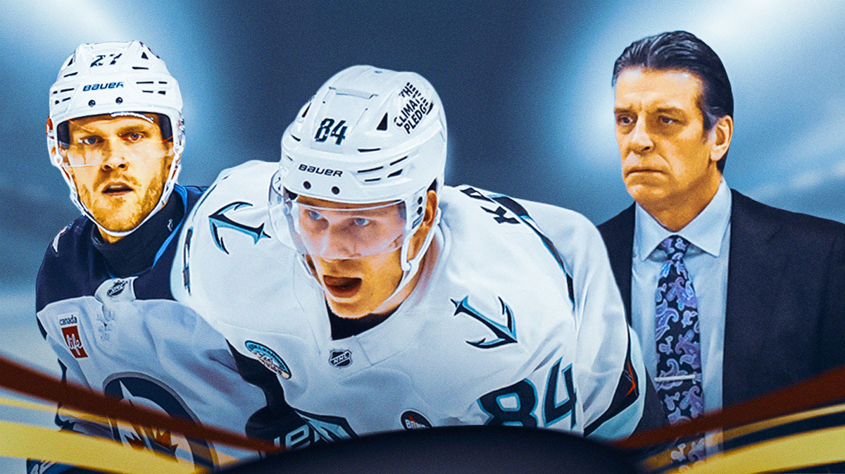 Kaapo Kakko in the center, Nikolaj Ehlers on one side and Lane Lambert (coach) on the other. Kraken logo in the background. Kraken free agency, NHL free agency, Kraken dream