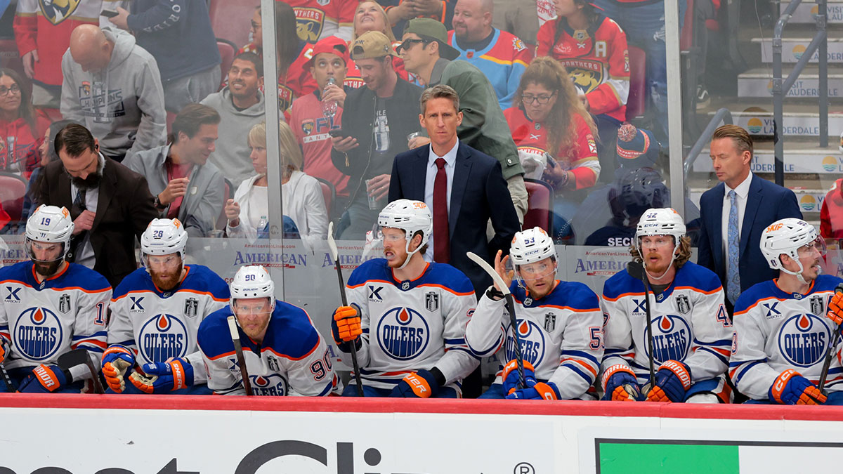Edmonton Oilers head coach Kris Knoblauch looks on from the bench during the third period in game six of the 2025 Stanley Cup Final at Amerant Bank Arena.
