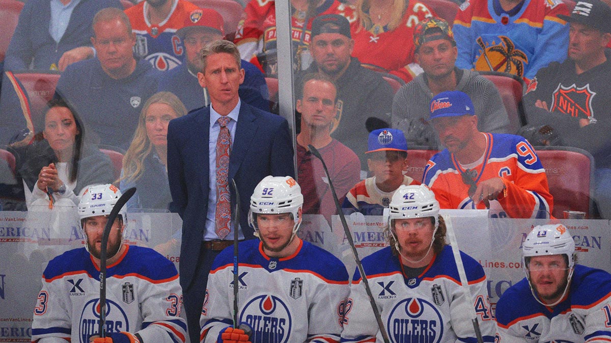 Edmonton Oilers head coach Kris Knoblauch looks on during the second period against the Florida Panthers in game three of the 2025 Stanley Cup Final at Amerant Bank Arena.