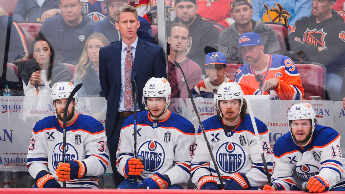 Edmonton Oilers head coach Kris Knoblauch looks on during the second period against the Florida Panthers in game three of the 2025 Stanley Cup Final at Amerant Bank Arena.