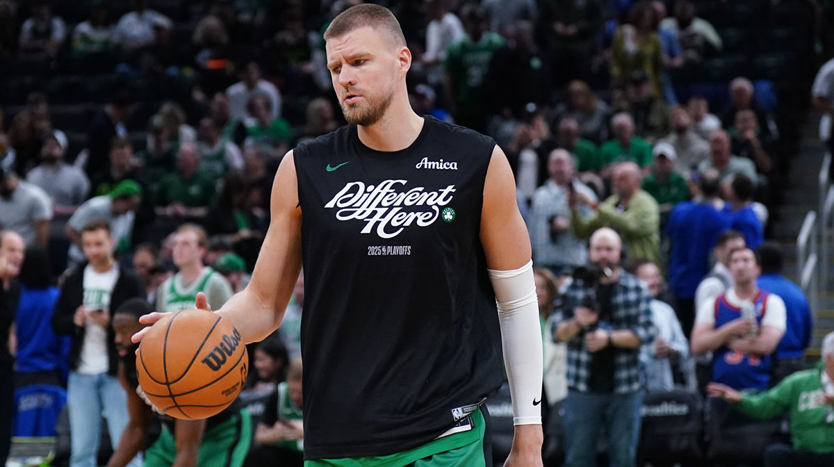 Boston Celtics center Kristaps Porzingis (8) warms up before the start of game two of the second round for the 2025 NBA Playoffs against the New York Knicks at TD Garden.