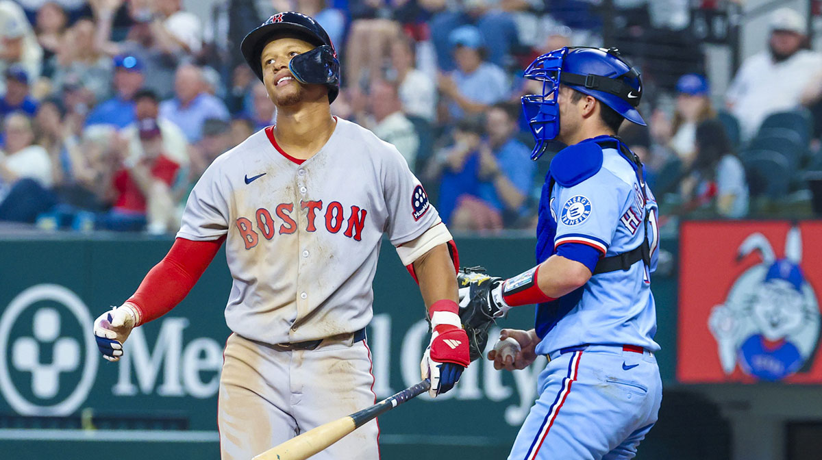 Mar 30, 2025; Arlington, Texas, USA; Boston Red Sox second baseman Kristian Campbell (28) reacts after striking out during the eighth inning against the Texas Rangers at Globe Life Field. Mandatory Credit: Kevin Jairaj-Imagn Images