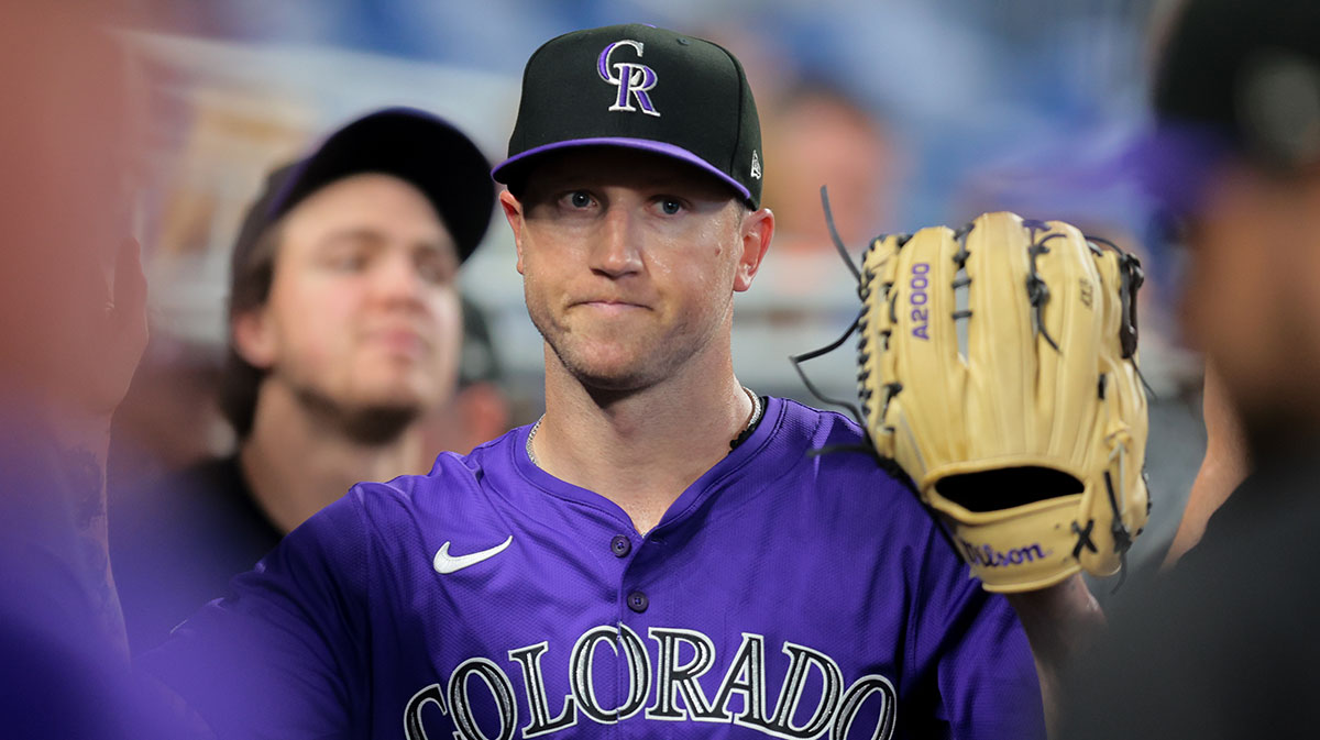 Colorado Rockies starting pitcher Kyle Freeland (21) celebrates with teammates after exiting the game against the Miami Marlins in the seventh inning at loanDepot Park.