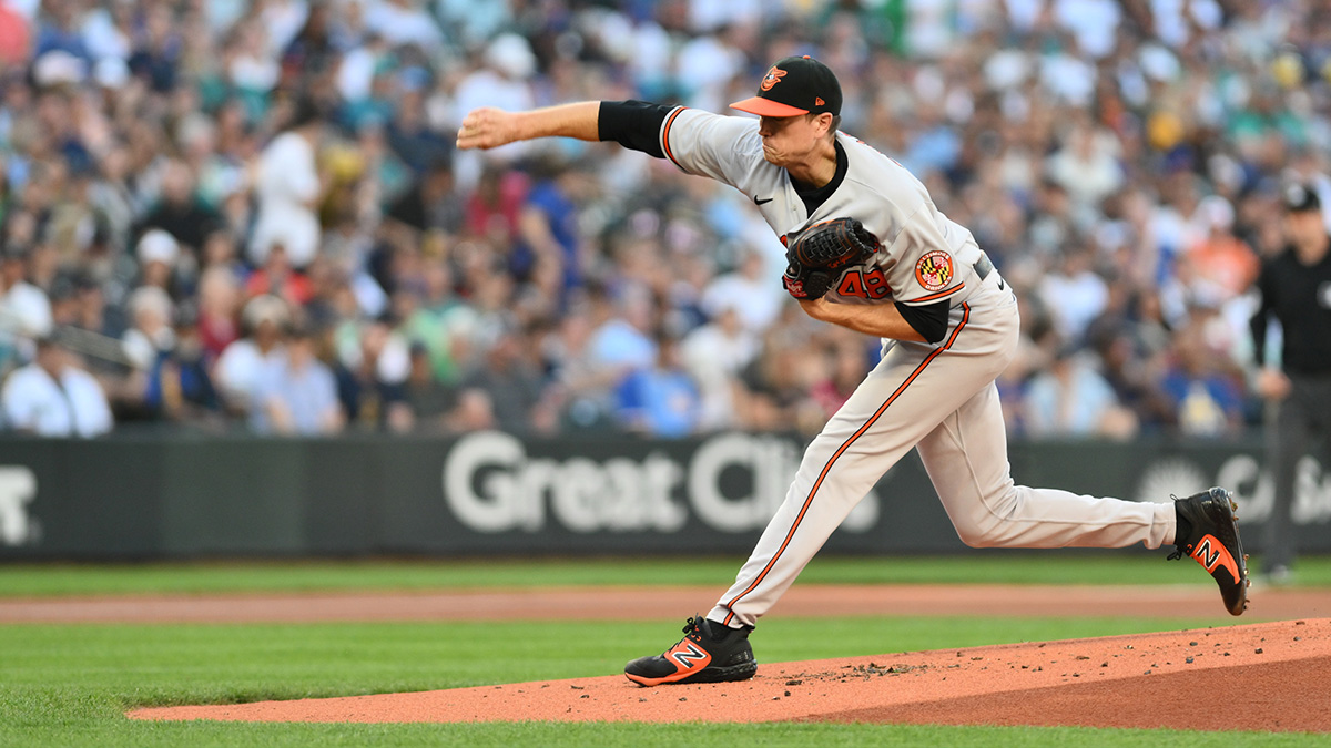 Aug 11, 2023; Seattle, Washington, USA; Baltimore Orioles starting pitcher Kyle Gibson (48) pitches to the Seattle Mariners during the first inning at T-Mobile Park. Mandatory Credit: Steven Bisig-Imagn Images