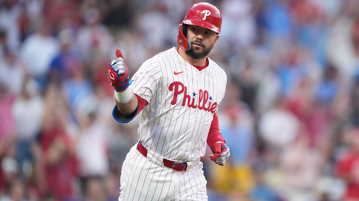 Jun 22, 2025; Philadelphia, Pennsylvania, USA; Philadelphia Phillies designated hitter Kyle Schwarber (12) rounds the bases after hitting a home run against the New York Mets in the fourth inning at Citizens Bank Park. Mandatory Credit: Kyle Ross-Imagn Images