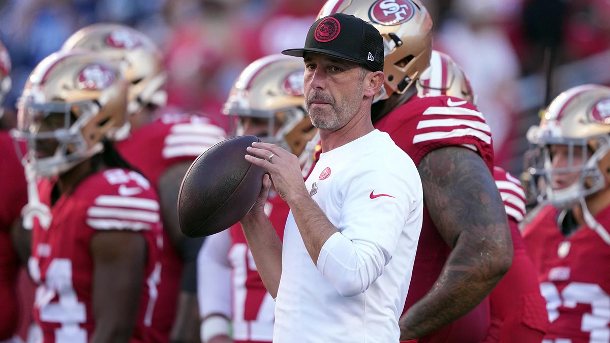 Oct 8, 2023; Santa Clara, California, USA; San Francisco 49ers head coach Kyle Shanahan looks on before the game against the Dallas Cowboys at Levi's Stadium. Mandatory Credit: Darren Yamashita-Imagn Images