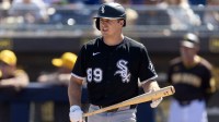 Chicago White Sox catcher Kyle Teel against the San Diego Padres during a spring training game at Peoria Sports Complex.