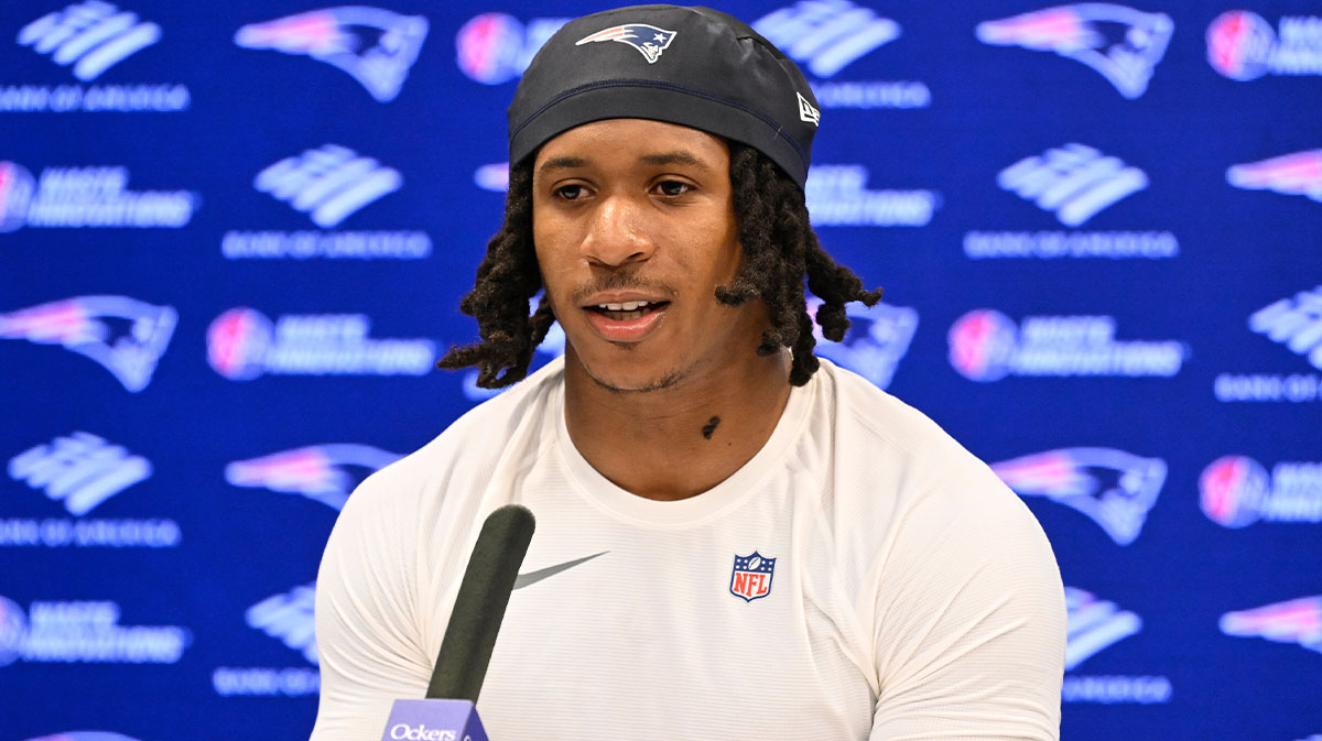 New England Patriots wide receiver Kyle Williams (18) speaks to the media after rookie camp at Gillette Stadium.