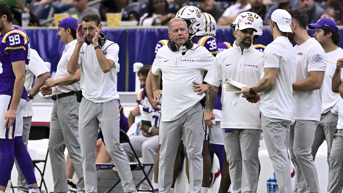 LSU Tigers head coach Brian Kelly looks on during the first half against the Baylor Bears at NRG Stadium.