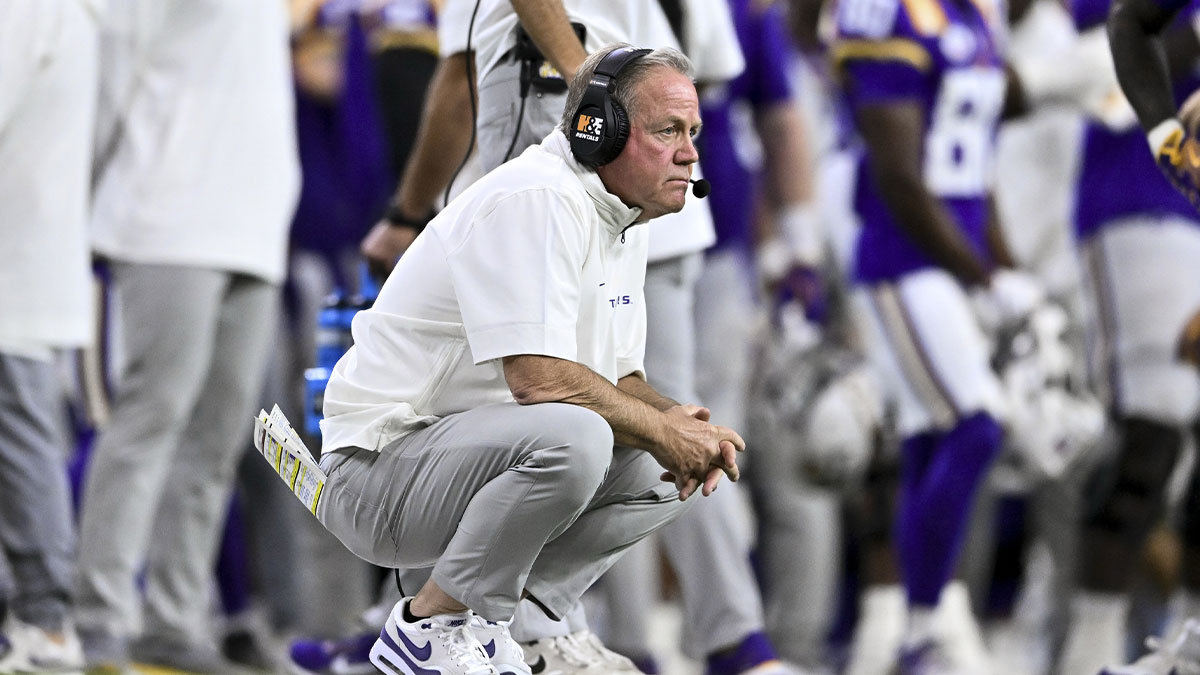 LSU Tigers head coach Brian Kelly looks on during the second half against the Baylor Bears at NRG Stadium. The Tigers defeat the Bears 44-31.