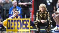 LSU women's basketball head coach Kim Mulkey looks on against the NC State Wolfpack during the second half of a Sweet 16 NCAA Tournament basketball game at Spokane Arena.