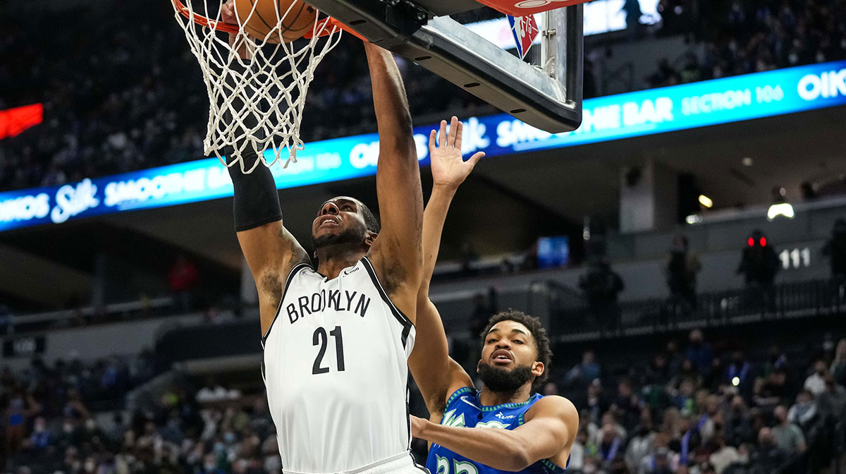 Brooklyn Nets center LaMarcus Aldridge (21) dunks during the first quarter against the Minnesota Timberwolves at Target Center.