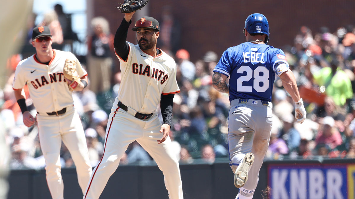 San Francisco Giants first baseman LaMonte Wade Jr. (31) makes na out against Kansas City Royals center fielder Kyle Isbel (28) during the fifth inning at Oracle Park.