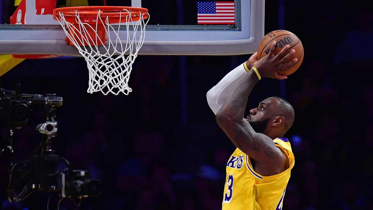 Lakers forward LeBron James (23) moves in for the dunk against the Minnesota Timberwolves during the second half in game five of first round for the 2025 NBA Playoffs at Crypto.com Arena