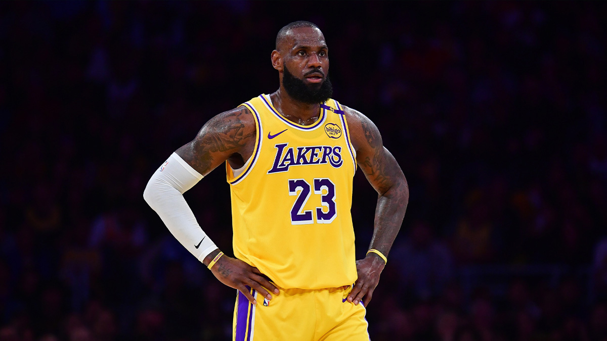Lakers forward LeBron James (23) reacts during the first half in game five of first round for the 2025 NBA Playoffs at Crypto.com Arena