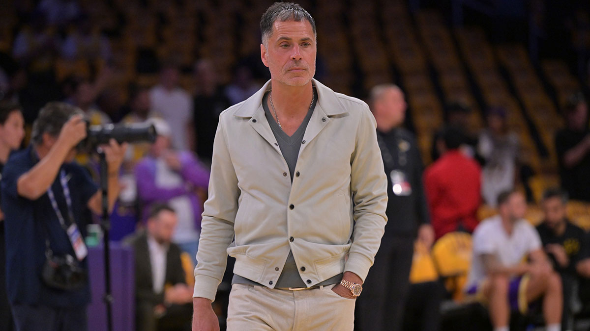 Lakers general manager Rob Pelinka walks on the couet prior to the game against the Minnesota Timberwolves at Crypto.com Arena