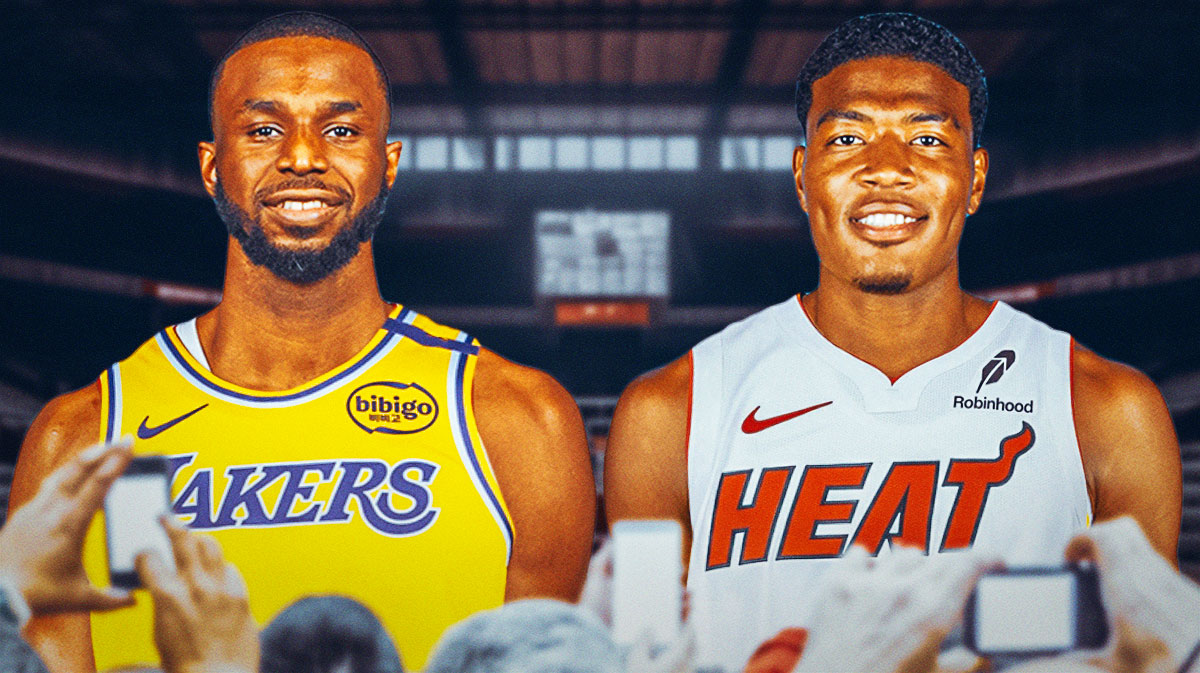 Andrew Wiggins in a Lakers jersey and Rui Hachimura in a Heat jersey