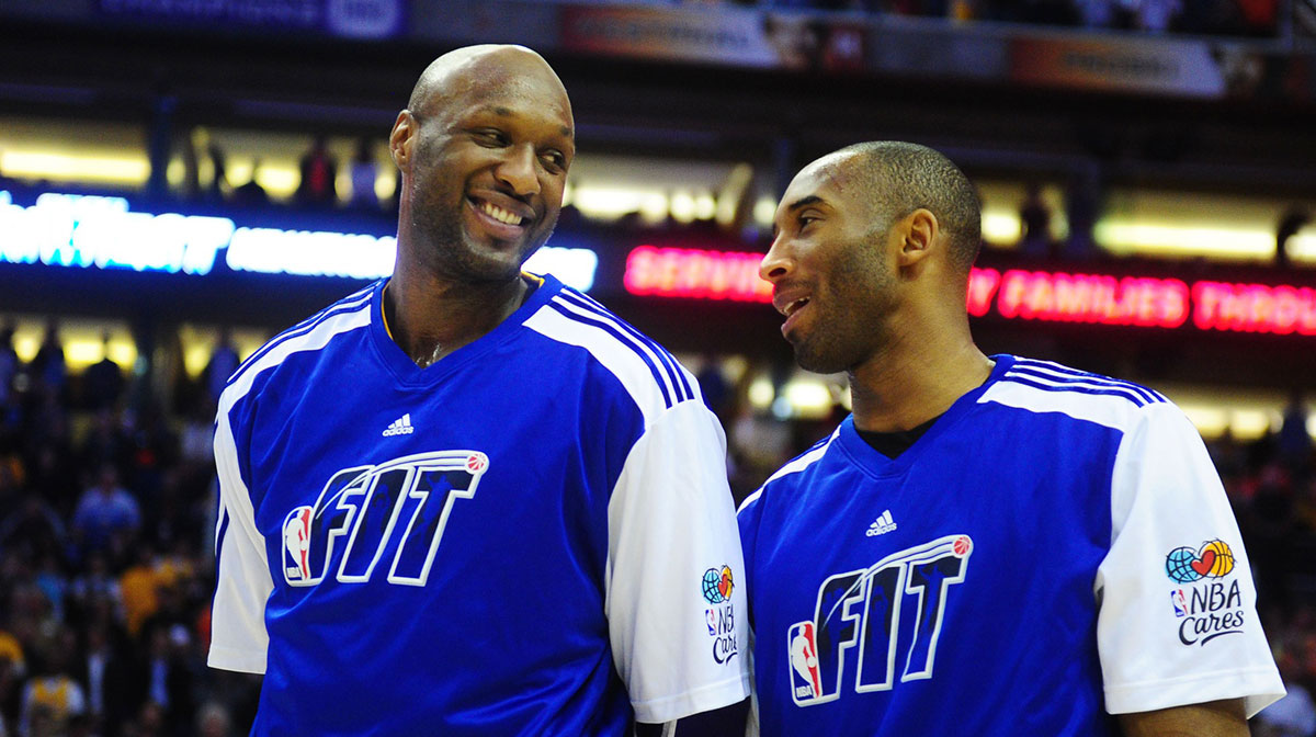 Lakers forward Lamar Odom (left) talks with guard Kobe Bryant against the Phoenix Suns at the US Airways Center. The Lakers defeated the Suns 99-95