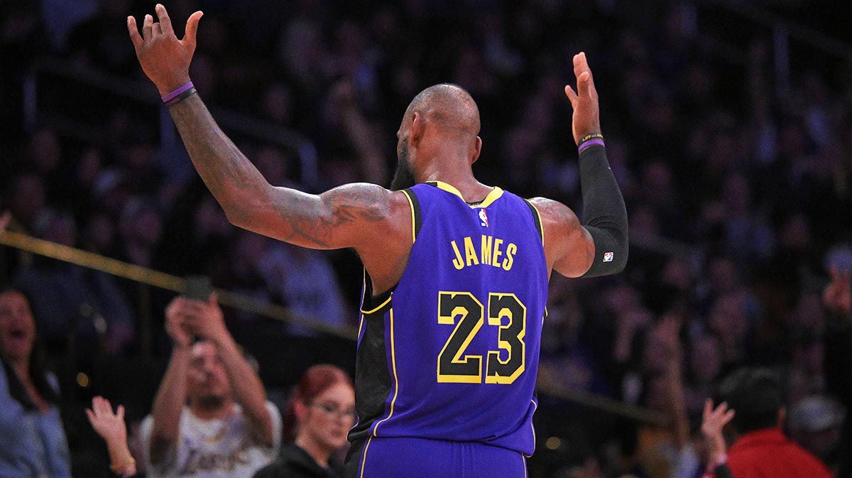 Los Angeles Lakers forward LeBron James (23) celebrates after a 3-point basket in the first half against the Brooklyn Nets at Crypto.com Arena.