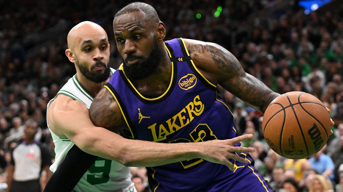 Lakers' LeBron James drives vs. Celtics' Derrick White