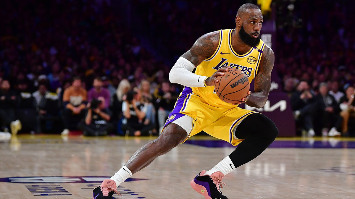 Los Angeles Lakers forward LeBron James (23) controls the ball against the Minnesota Timberwolves during the first half in game five of first round for the 2025 NBA Playoffs at Crypto.com Arena.